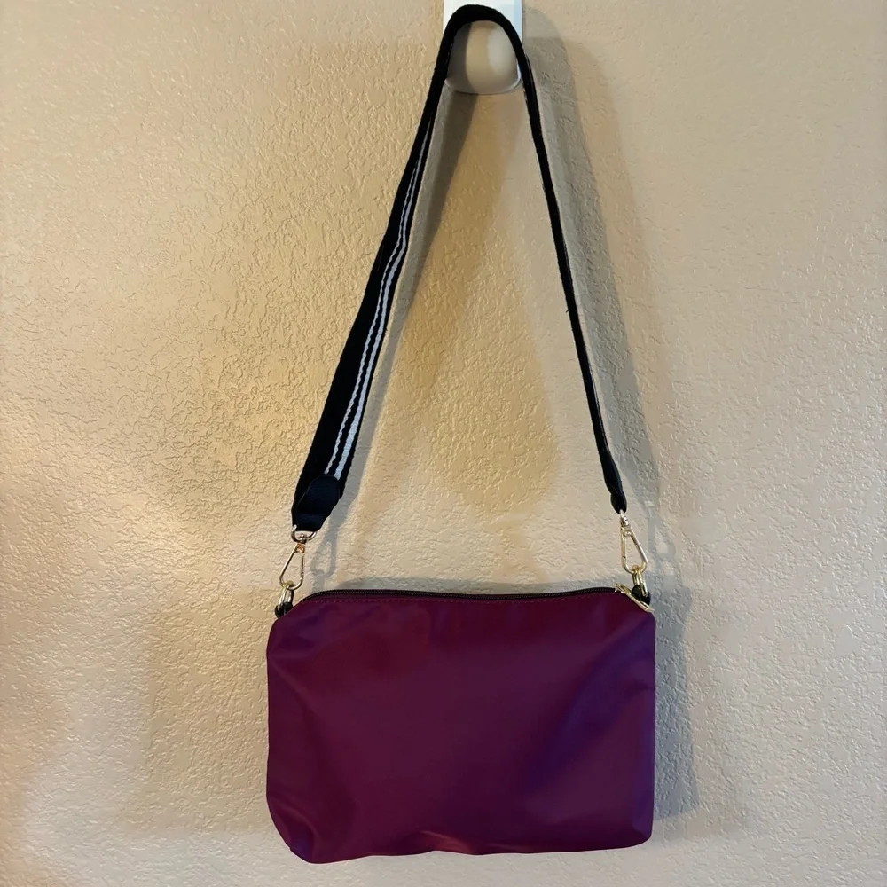 Nylon Crossbody Bag Purple Black White Striped Strap Gold-tone Hardware Zip Top